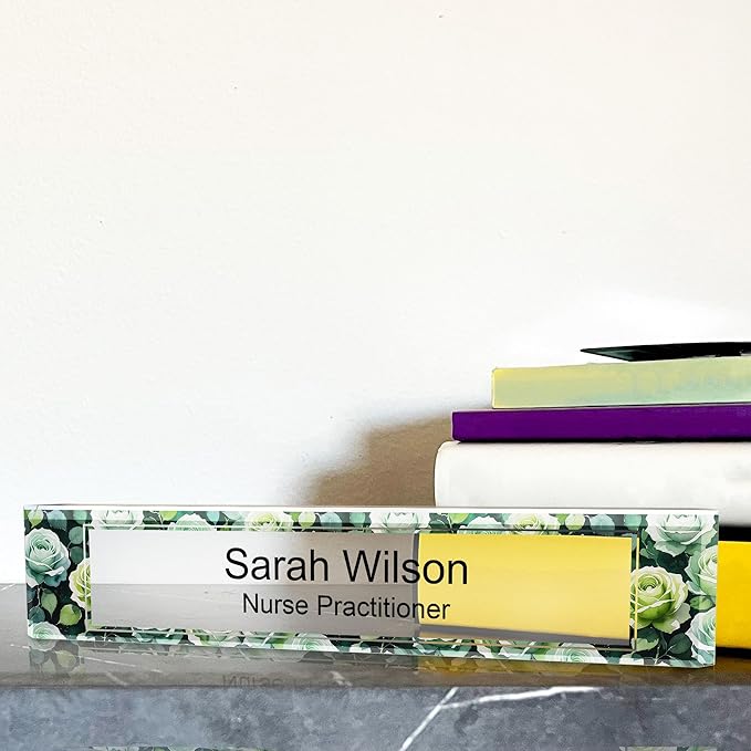 Signs ByLITA Floral Pattern Customized Nameplate | Sage Rose Personalized Full Color Acrylic Desk Sign