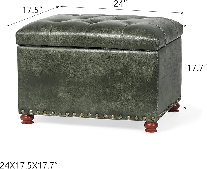 Decent Home 24'' Leather Ottoman with Storage Rectangle Foot Rest Ottomans Stool for Living Room(Green,Leather Texture)