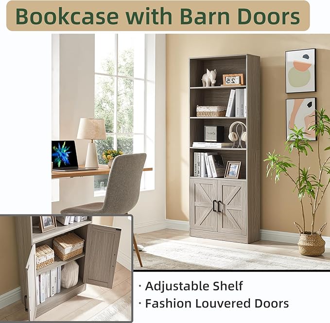 RWYHG 70in Tall Bookshelf 6 Tier Bookcase with Barn Doors and Adjustable Shelf, Oak Grey Farmhouse Book Shelves with Storage Cabinet, Wood Floor Standing Display Bookshelve for Bedroom, Living Room