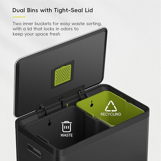 EKO EcoCasa II 36L+24L Dual Trash Can with Recycle Bin, Stainless Steel Garbage Can with Lid, Deodorizer Compartment, Odor-Proof and Fingerprint Resistant, Matte Black