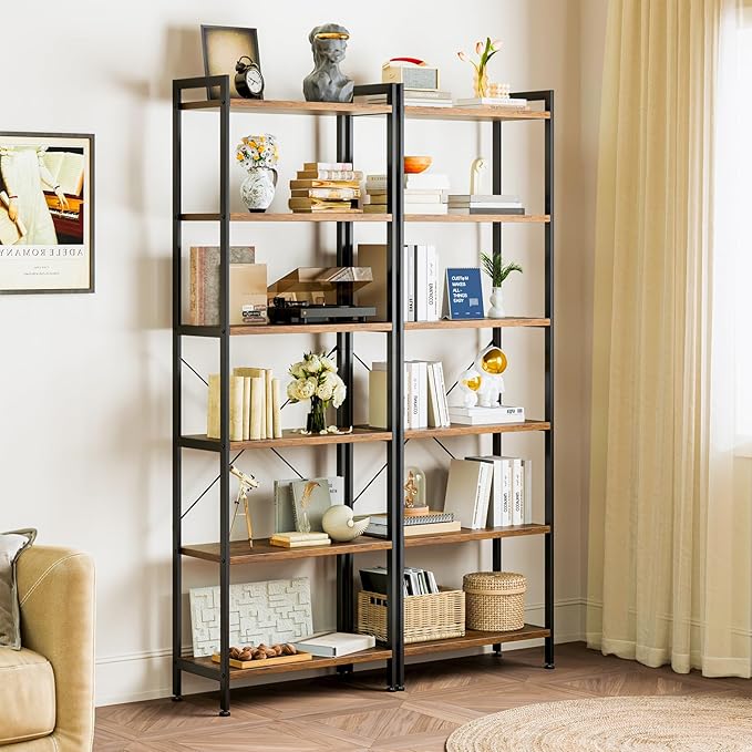 Casaottima Book Shelf Set of 2, 6 Tier Tall Bookshelf, Modern Wood Bookcase Shelves for Bedroom, Industrial Display Shelf for Living Room Home Office, Standing Shelving Unit Storage Organizer, Vintage