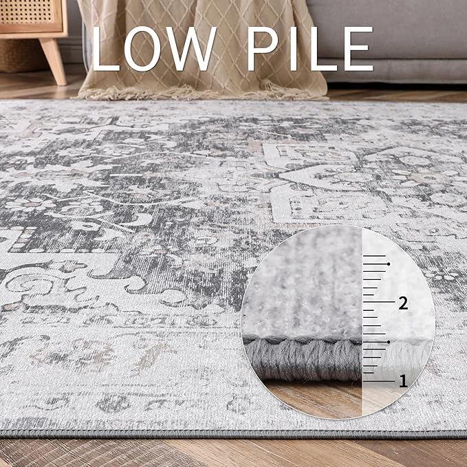 GENIMO 8x10 Area Rugs for Living Room, Machine Washable Vintage Non Slip Rugs, Low Pile Lightweight Chenille Print Rug for Bedroom, Dining Room, Home Office, Gray/White