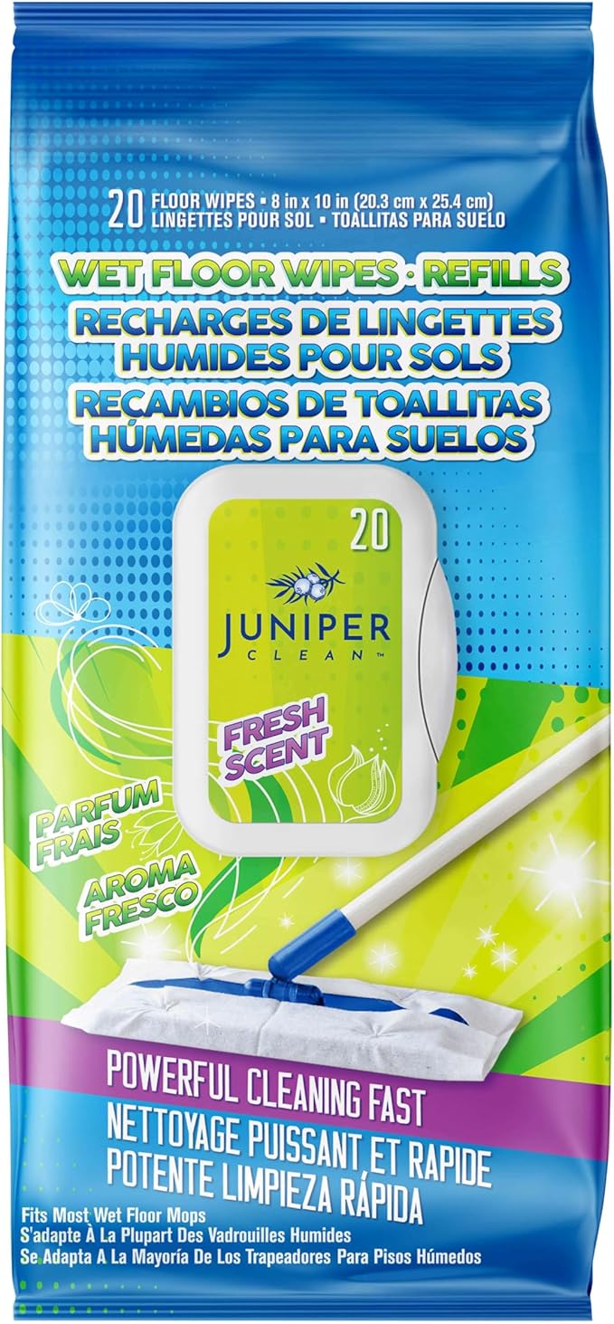 Juniper CLEAN Wet Floor Wipes, Multi Surface Floor Cleaner Wet Mop Pads Fit Swiffer Sweeper Mop, Fresh Scent & Plant-Based Textured Cloth Trap Absorb Dirt, 20 Count (Pack of 1)