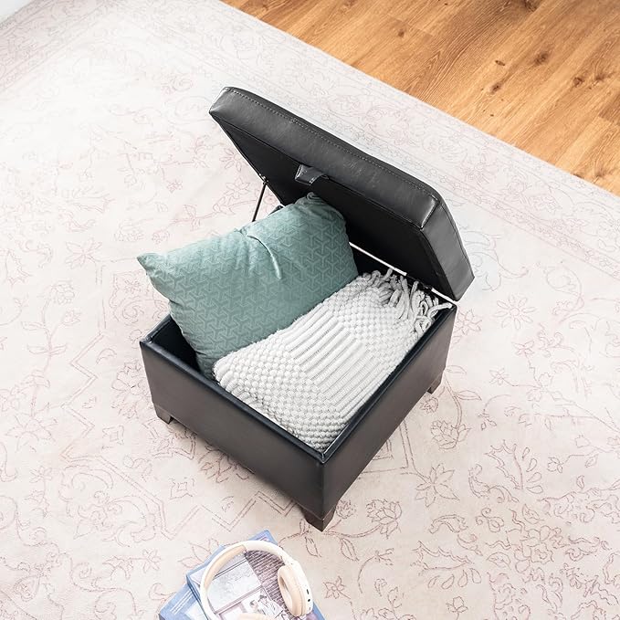 Asense 17 Inch Storage Ottoman Foot Rest,Square Faux Leather Foot Stool,Small Ottoman with Storage,Padded Seat for Entryway,Living Room,Bedroom,Couch,Under Desk,Black
