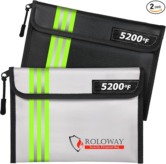 ROLOWAY Fireproof Bag (9.6 x 6.6 inches) 5200℉ Heat Insulated with Reflective Strip, Fireproof Money Bag with Zipper for Cash (2-Pack)