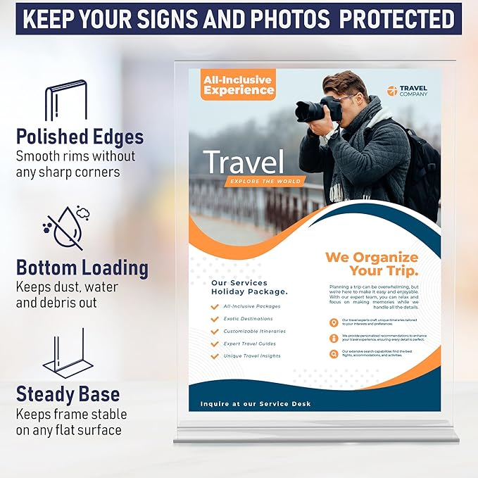 Acrylic Sign Holder 8.5 x 11, T-Shape Double-Sided Acrylic Table Stand with Wide Base, Plastic Tabletop Holder, Menu and Paper Display for Tables, Ideal for Offices, Restaurants, and Events (6 Pack)