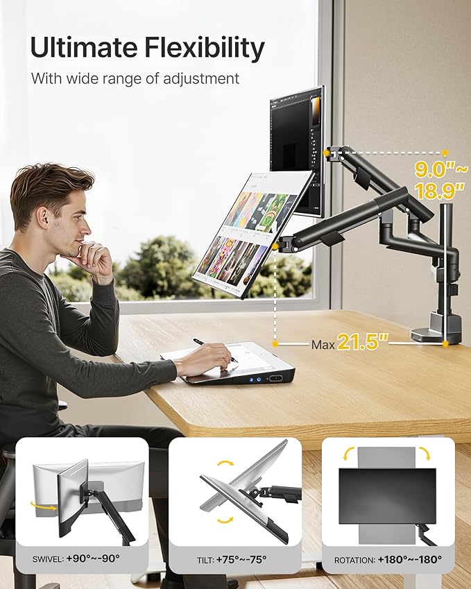 monTEK Dual Monitor Stand Mount with USB for Up to 35" Screens,Tall Post Mounted Monitor Arm Holds Max 24.25lbs Per Screen, Full Motion Adjustable Monitor Arm Desk Mount with C-Clamp/Grommet
