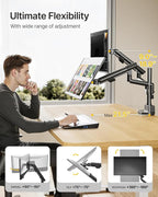 monTEK Dual Monitor Stand Mount with USB for Up to 35" Screens,Tall Post Mounted Monitor Arm Holds Max 24.25lbs Per Screen, Full Motion Adjustable Monitor Arm Desk Mount with C-Clamp/Grommet