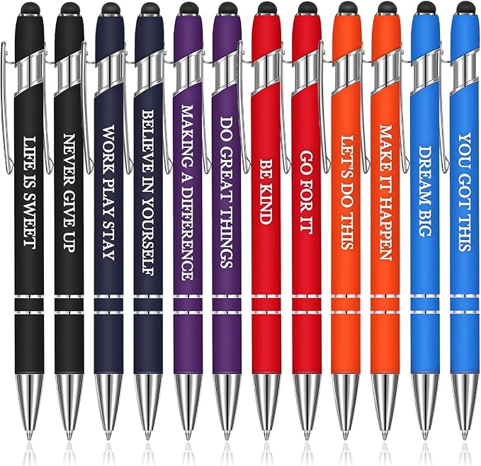 Zonon 12 Pcs Inspirational Pens Bulk Funny Ballpoint Pen with Stylus Tip Motivational Gifts for Valentine's Day Teacher Coworkers Nurse School Office Supplies(Rainbow Colors,Classic Style)