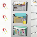 BOHDK Magnetic Wall File Holder 3-Pack - Mesh Organizer with Strong Magnets for Office, Home & School - Space Saving Black Document Organizer