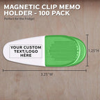 100 Magnetic Memo Holders Set - Customizable Text, Logo - Large Clip, Plastic - White Green