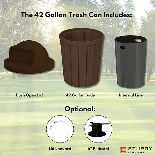 Campus Collection 42 Gallon Slatted Circle 100% Recycled Plastic Heavy-Duty Commercial Indoor or Outdoor Trash Can with Push Open Dome Lid and Internal Liner | Great for Schools and Businesses - Brown