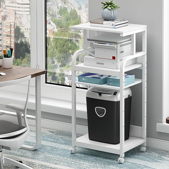 Fannova 4 Tier White Printer Stand Table with Adjustable Shelves, Movable Printer Shredder Stand with Wheels for Home Office Storage and Organization, Rolling Cart for Computer Tower CPU