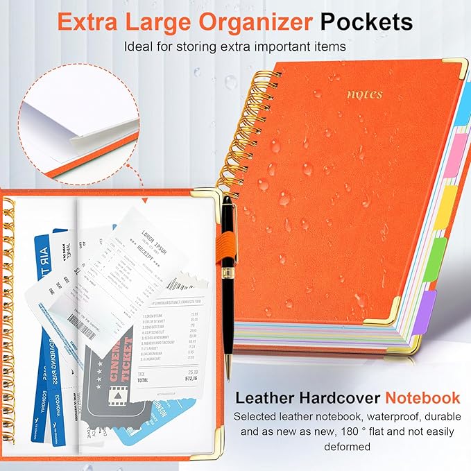Hardcover Spiral Notebook 8"x10" Journal Notebook with Tabs and Removable Dividers 300 Pages 5 Subject Notebook College Ruled, Faux Leather Spiral Bound Notebook for Women School Work (Orange)