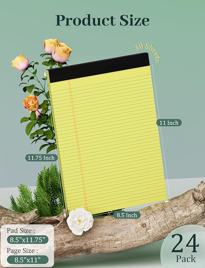 24 Pack Yellow Legal Pads 8.5 x 11 Letter Size Lined Writing Note Pads Yellow Paper Pads 8.5 x 11 College Ruled Legal Pad Writing Paper Tablets 8.5 x 11 Pads 30 Sheets Per Yellow Lined Legal Notepads