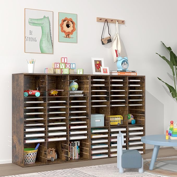 EasyPAG Wooden Literature Organizer with Adjustable Shelves, 48 Compartments Office Paper Organizer Storage 24000 Sheets Letter Size Paper, Student Mailbox for Classroom, Archaize