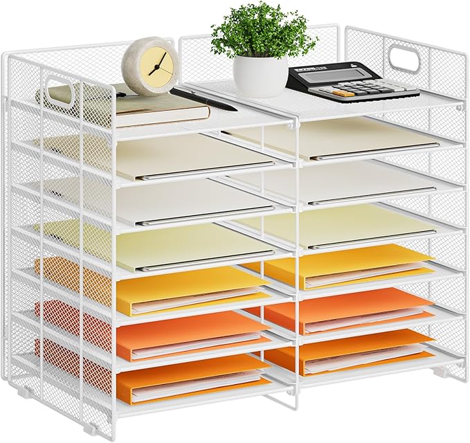 Marbrasse Desktop Literature Organizer, 12 Compartments Mesh Paper Organizer Desk Organizers, Adjustable File Sorter Mail Center Paper Storage Cabinet Classroom Mailbox for Office Home School, White