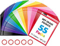 GAMENOTE 55 Pack Dry Erase Pockets with 5 Rings, 11 Assorted Colors 10x14 Oversized Reusable Plastic Sleeves, Clear Sheet Protectors, Teacher Supplies for Classroom Organization