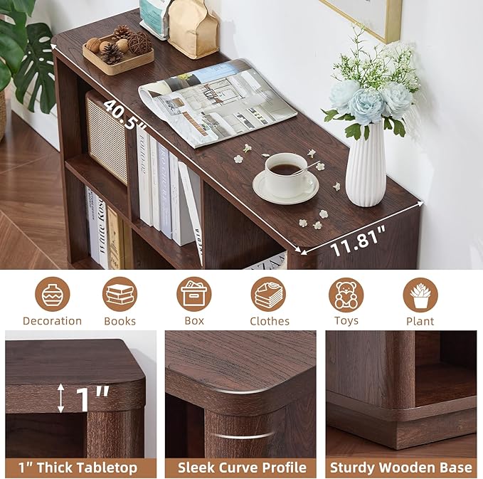 Joaxswe 6 Cube Storage Bookcase, 40" Wide Low Horizontal Book Shelf with Curved Edge, Wood Floor Standing 2-Tier Bookshelf with Base, Farmhouse Short Book Case for Bedroom, Living Room, Office, Walnut