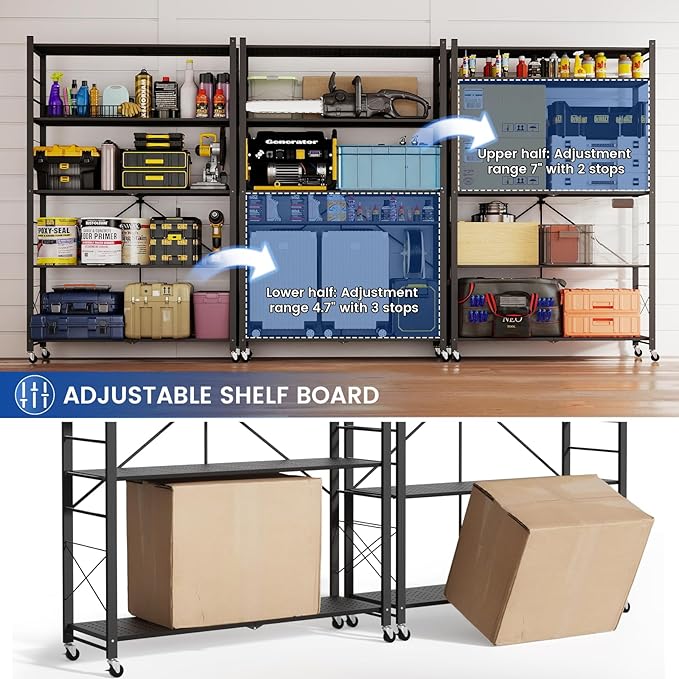 ALANNG 40" W Foldable 5-Tier Storage Shelves with Wheels, Adjustable & Removable Metal Rack, Heavy Duty Rolling Organizer for Kitchen, Garage, Closet, Pantry, and Office (Black,1 Pack)