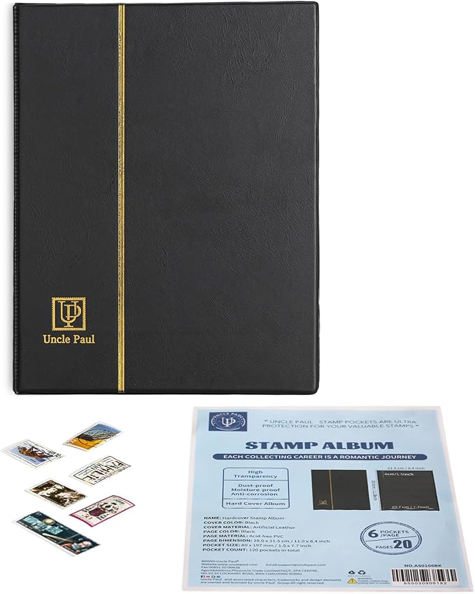 Stamp Albums 120 Pockets - Stockbooks with 40x197mm Sleeves, 10 Double Sided Black Page with Leatherette Padded Black Cover, Collection Storage Folder for Paper Money Postage Stamps AS0106BK