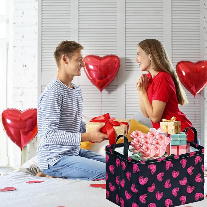 FUULOXE Rectangular Valentines Basket Storage Bin for Shelves Girls Gifts Baskets Foldable Box with Handles for Home Office Car Dormroom Valentine's Day Party Supplies