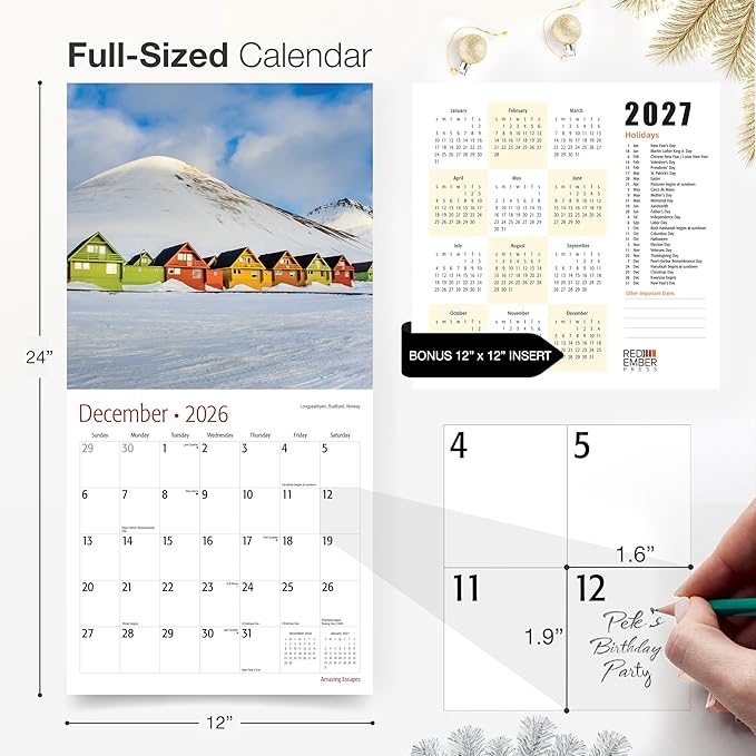 RED EMBER Amazing Escapes 2026 Wall Calendar 12 Month | 12" x 24" Open | Thick & Sturdy Paper | Holiday Gift | Travel Calendar 2026