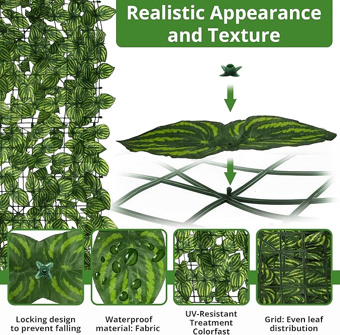 Artificial Ivy Fence Privacy Screen 138x39in, Faux Ivy Wall Privacy Fence, Artificial Hedges with Color-Printed Watermelon Leaves for Outdoor Wall Decor, Garden, Balcony, Patio, Apartment, and Yard