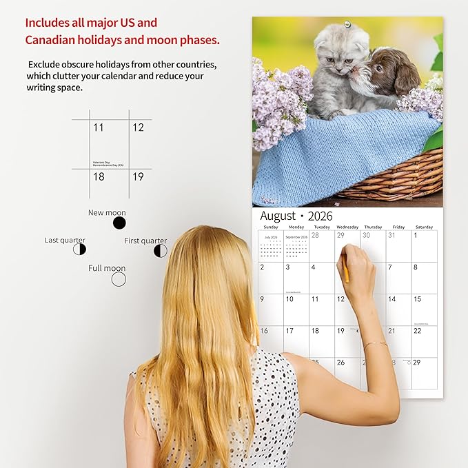 2026 Wall Calendar,Calendar 2026, November 2025 - December 2026, Wall Calendar Kittens and Puppies, 12" x 24" Opened,Full Page Months Thick & Sturdy Paper for Calendar Organizing & Planning