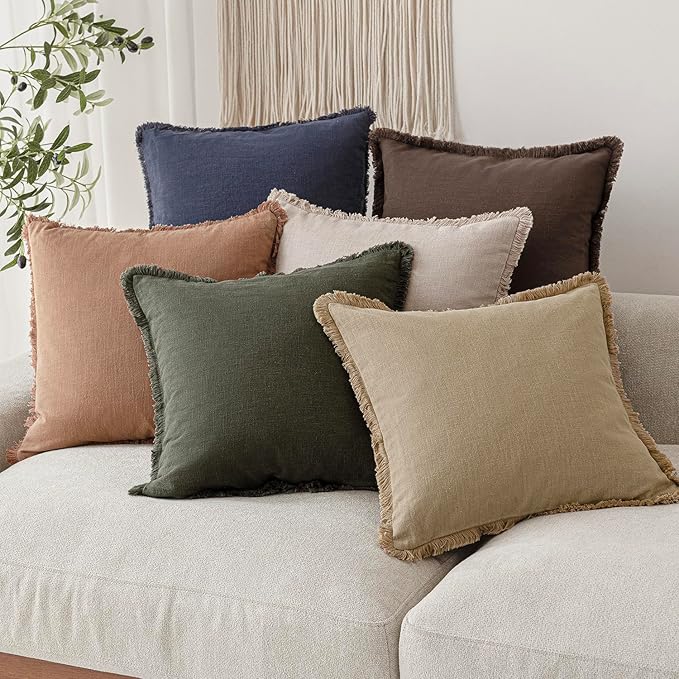 Foindtower Set of 2 Decorative Linen Fringe Throw Pillow Covers Boho Farmhouse Cushion Cover with Tassels Soft Accent Pillowcase for Couch Chair Sofa Bed Living Room Home Decor,18×18 Inch,Tan Beige