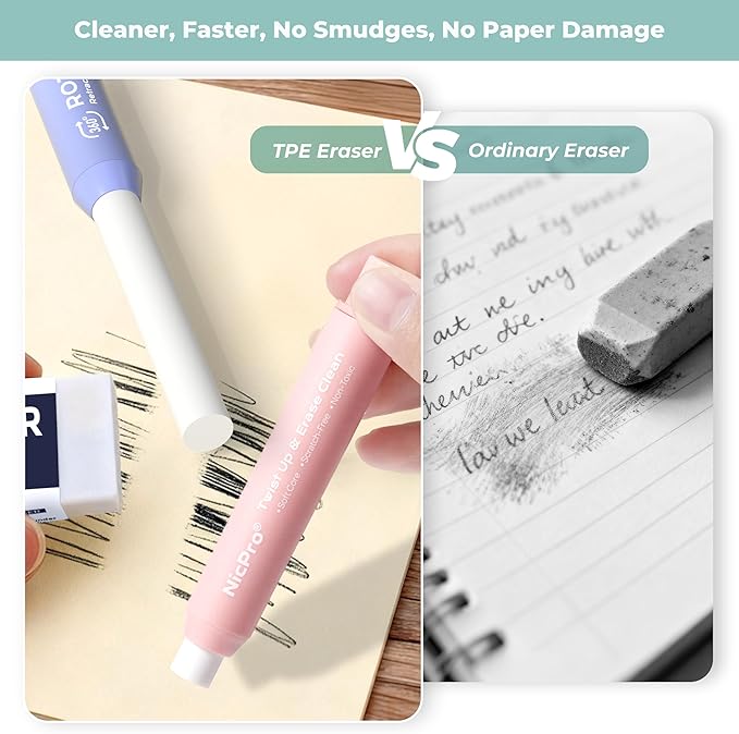 Nicpro 6 Pack Rotary Retractable Erasers, Soft TPE Rubber Twist Large Pencil Erasers in Cute Macaron Colors, Clean-Erasing Eraser for Kids & Students, School Office Supplies Stationary Set