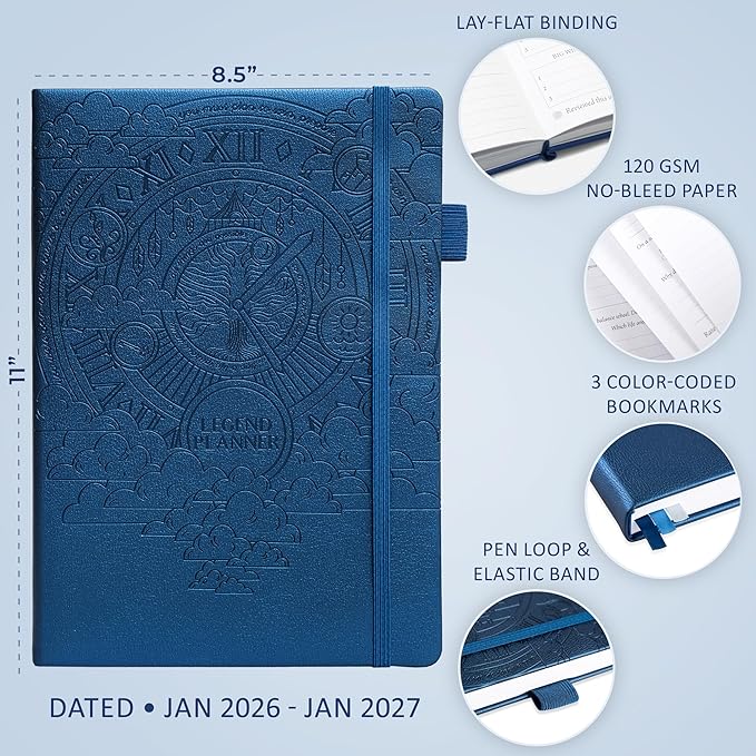 Legend Hourly Schedule Planner PRO Dated Jan 2026-Jan 2027 – Deluxe Weekly & Daily Organizer with Time Slots. Appointment Book Journal for Work & Time Management, A4 Hardcover, Mystic Blue