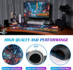 Japanese Anime Retro City Night Scene Mouse Pad, Non Slip Base and Stitched Edge Design, Suitable for Office and Home Desktops, Size 35.4 x 15.7 Inches