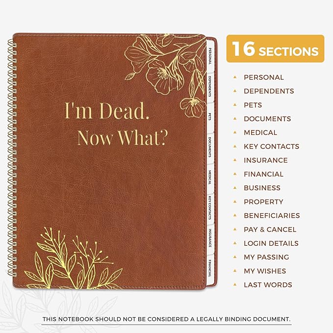 SUNEE End of Life Planner - I‘m Dead Now What Planner, Large Print Spiral-Bound Estate Organizer with Tabs for Seniors & Family. Covers Final Wishes, Passwords & Funeral Planning.A4（9"x11.2"), Brown