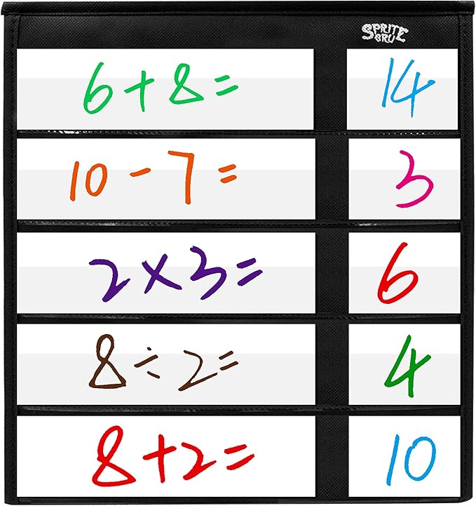 Black Tabletop Desktop Pocket Chart with Bonus 20X Dry Erase Cards. Double Sided and Self-Standing (13” X 12”)