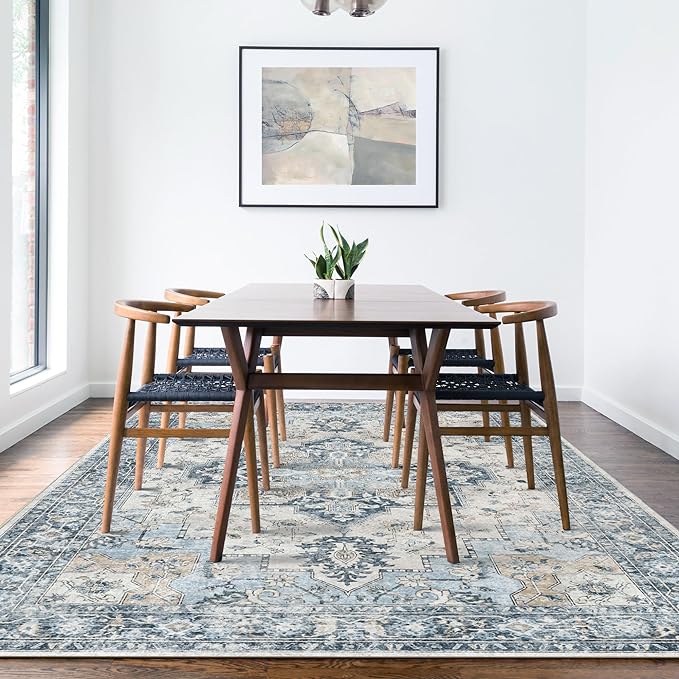 GENIMO 5x7 Area Rugs for Living Room, Machine Washable Rug, Non Slip Vintage Rugs, Low Pile Lightweight Chenille Print Indoor Rug for Bedroom, Dining Room, Home Office, Blue