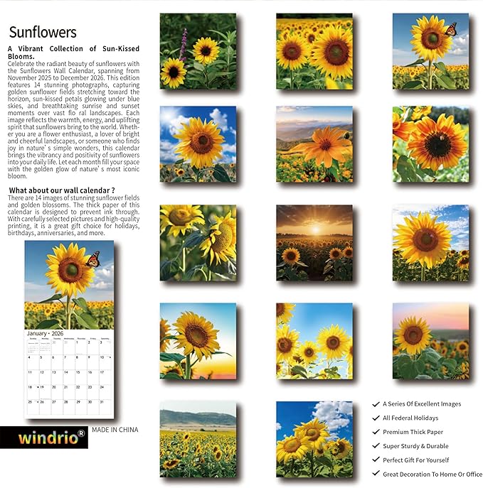 2026 Wall Calendar,Calendar 2026, November 2025 - December 2026, Wall Calendar Sunflowers, 12" x 24" Opened,Full Page Months Thick & Sturdy Paper for Gift Perfect Calendar Organizing & Planning