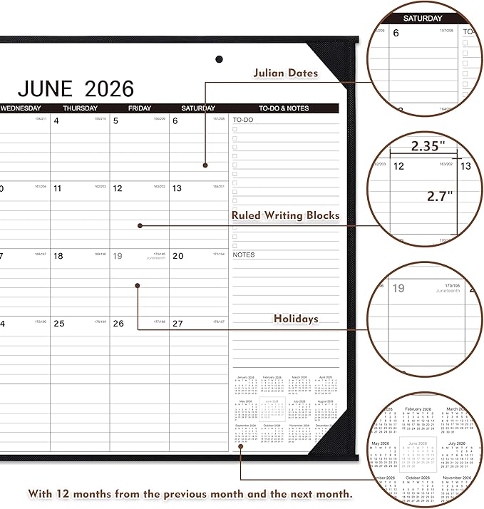 2026 Desk Calendar - Large Desk Calendar 2026, Jan. 2026 - Dec. 2026, 22" x 17", 2026 Calendar, 4 Corner Protectors, 2 Hanging Holes, Holidays, Julian Dates, TO-DO & Notes Section