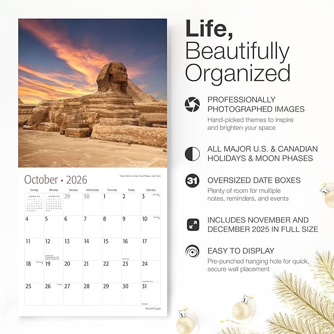RED EMBER Ancient Egypt 2026 Wall Calendar 12 Month | 12" x 24" Open | Thick & Sturdy Paper | Holiday Gift | Travel Calendar 2026