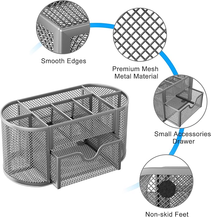 EasyPAG Mesh Pen Holder Desk Organizer with Drawer Stationery Supplies Organizer for Dorm School 9 Compartments Workspace Desk Accessories Organization for Office, Silver