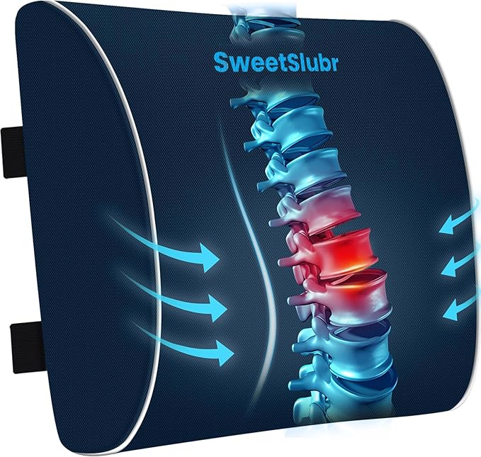 SweetSlubr Large Lumbar Support Pillow for Office Chair, Car Seats and Home Desks, Ergonomic Back Support with Double Adjustable Straps, Machine Washable Cover, Gray