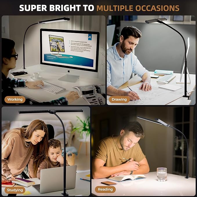 Led Desk Lamp for Home Office, Eye-care Architect Light with Clamp, Smart Double Head Computer Monitor Table Clip Lamp, Adjustable Flexible Goose-Neck, 25 Lighting Models, Task Lamp, White and Sliver
