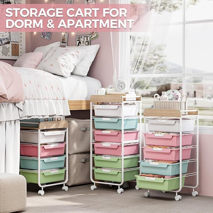Rolling Storage Utility Cart With 5 Drawers,Craft Cart with Wheels,Makeup Organizer,Art Supply And Storage Wooden Tabletop,Rainbow