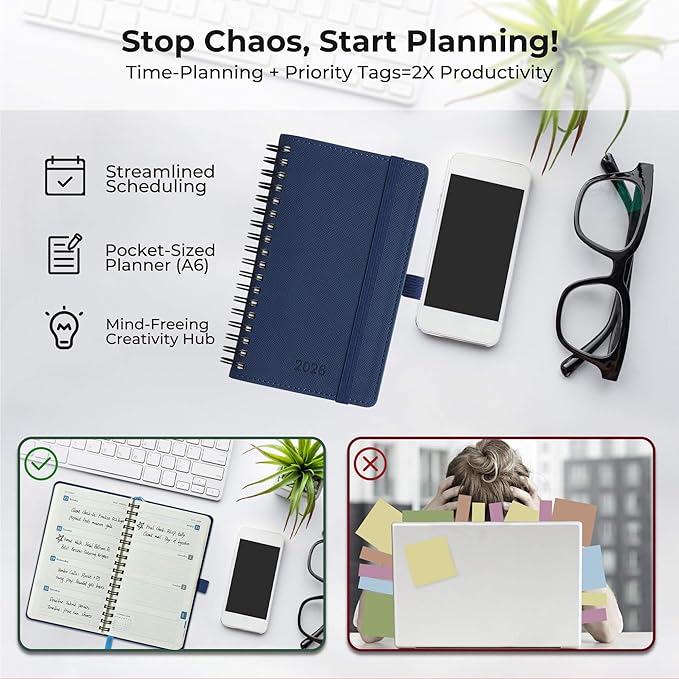 IN-LUXPRO Planner 2026 Daily Weekly and Monthly,6.5"x3.75",12 Months Spiral Bound Calendar Agenda with Self-adhesive Pen Holder,2026 Appointment Book with Vegan Leather Soft Cover,Blue