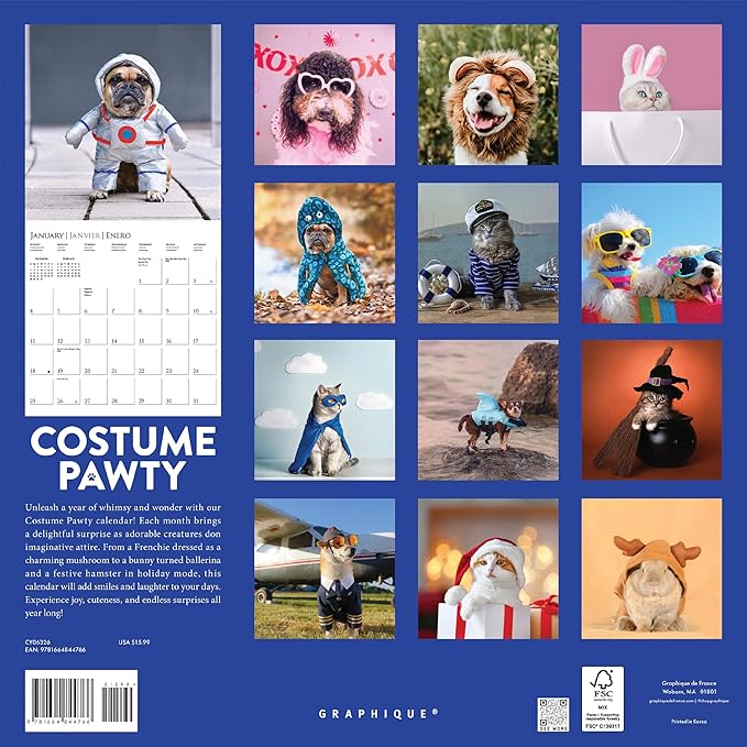 Graphique 2026 Costume Pawty Wall Calendar | 12” x 12” | Thick Paper | Home & Office Organizer | Large Monthly Grid | 3 Languages & Marked Holidays | 4 Month Preview Page for 2027