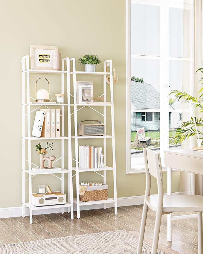 Hzuaneri Ladder Shelf, Bookshelf Bookcase, Freestanding Corner Storage Shelve with 2 Hooks for Home Office, Living Room, Kitchen, Bedroom, Industrial, 11.8" D x 17.3" W x 63" H, White BC19213W