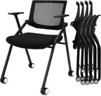 BROBRIYO 2 Pack Stackable Conference Room Chairs with Wheels and Paddle, Ergonomic Mesh Back and Arms for Meeting, Conference, Reception, Training Room & Home Office Desk Folding Chairs