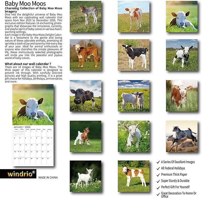 2026 Wall Calendar,Calendar 2026, November 2025 - December 2026, Wall Calendar Baby Moo Moos, 12" x 24" Opened,Full Page Months Thick & Sturdy Paper for Calendar Organizing & Planning
