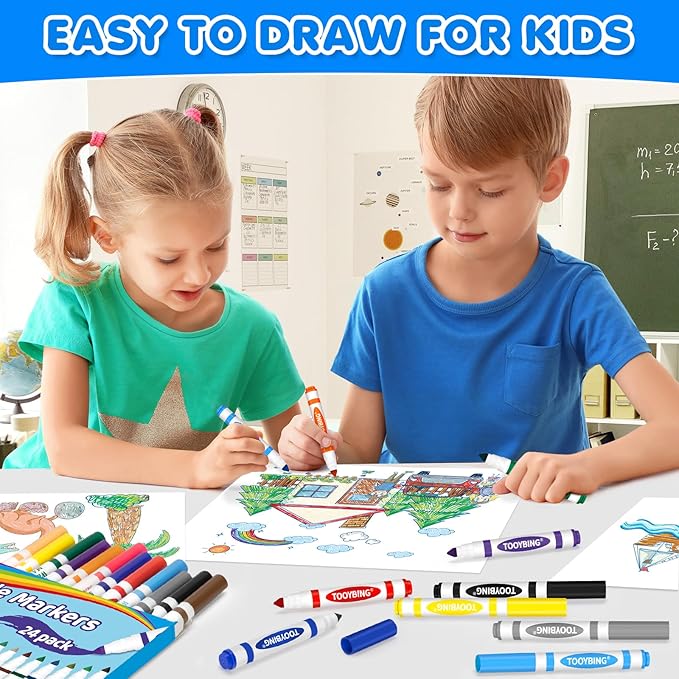 TooyBing 24 Color Washable Markers, Colored Washable Markers for Kids, Broad Tip Durable for Coloring Book, Back to Classroom Art School Supplies for Students Teachers Children