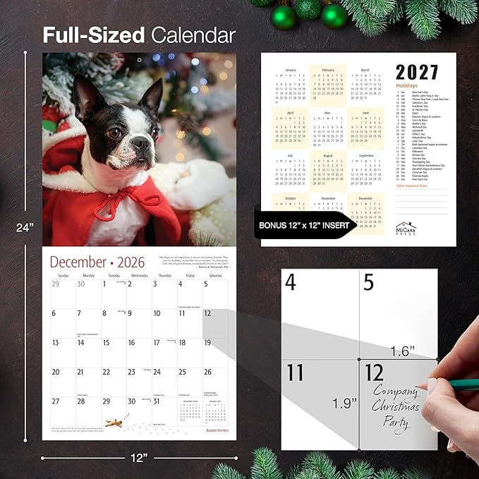 MICASA PRESS Boston Terriers 2026 Wall Calendar 12 Month | 12" x 24" Open | Thick & Sturdy Paper | Holiday Gift | Cute Puppy Dog Calendar 2026